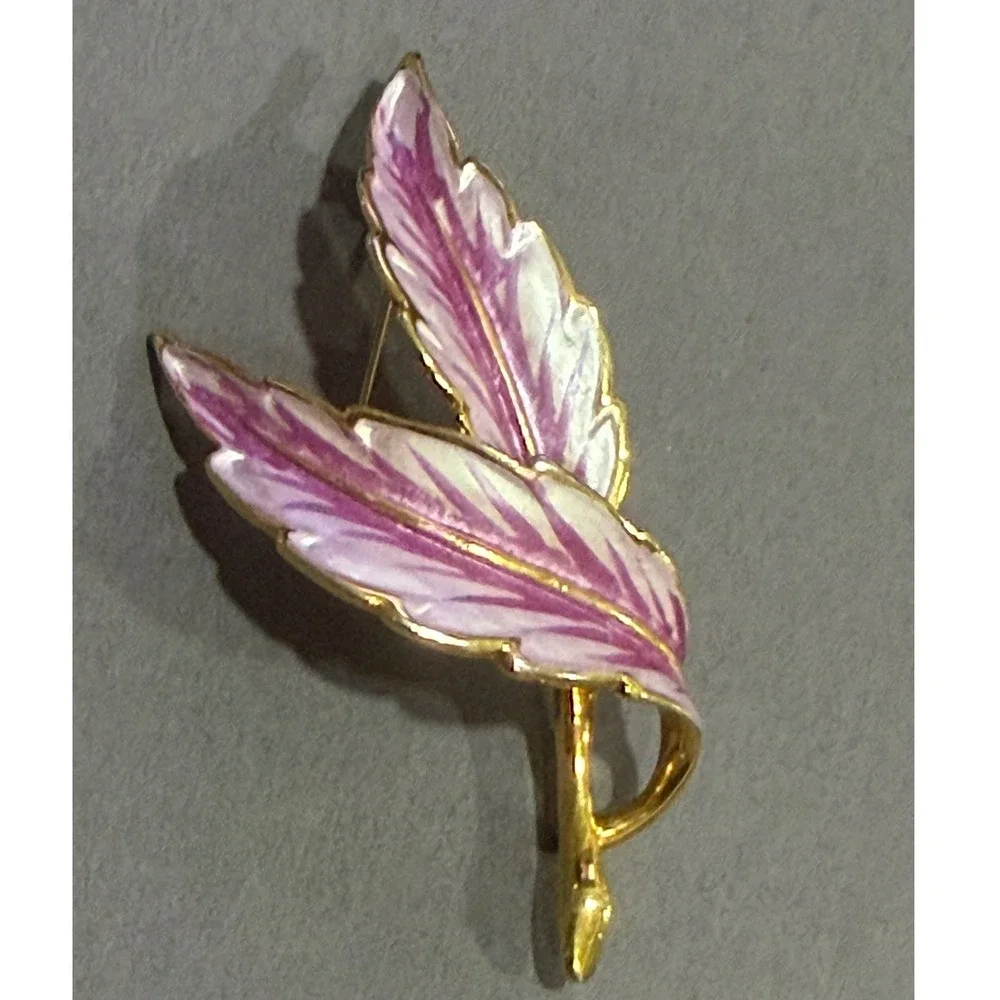 Double‎ Leaf Brooch Women Purple Gold Tone Enamel Pin